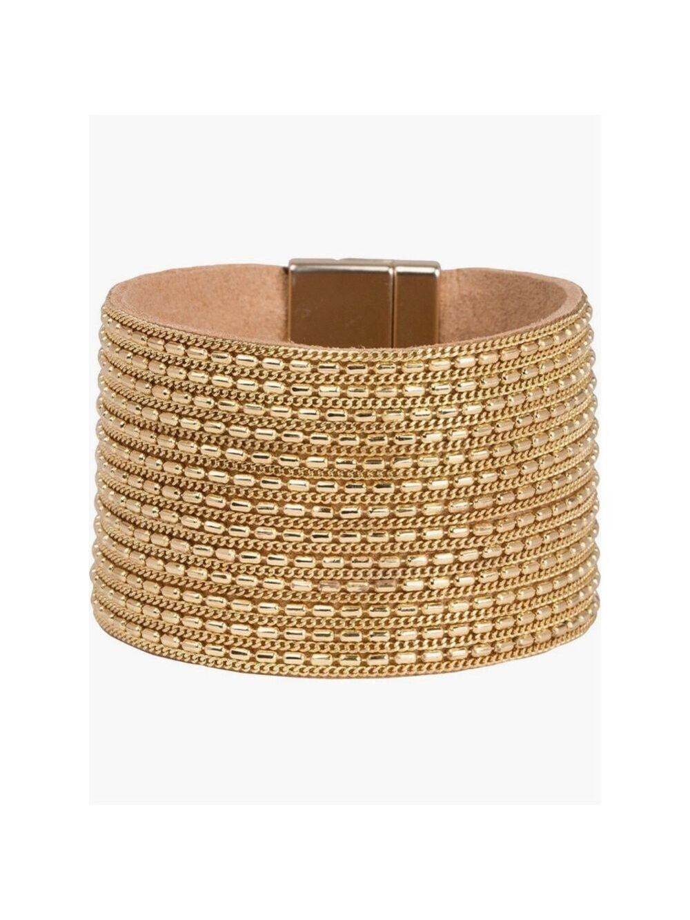 SAACHI Chain Leather Gold Cuff Bracelet + Magnetic Clasp Rock N Roll